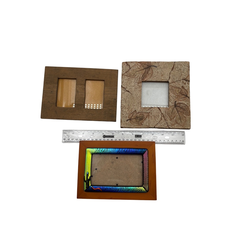 Vintage Earthen Nature Picture Frames Set 3 Wood Leaf Stone Iridescent Southwest